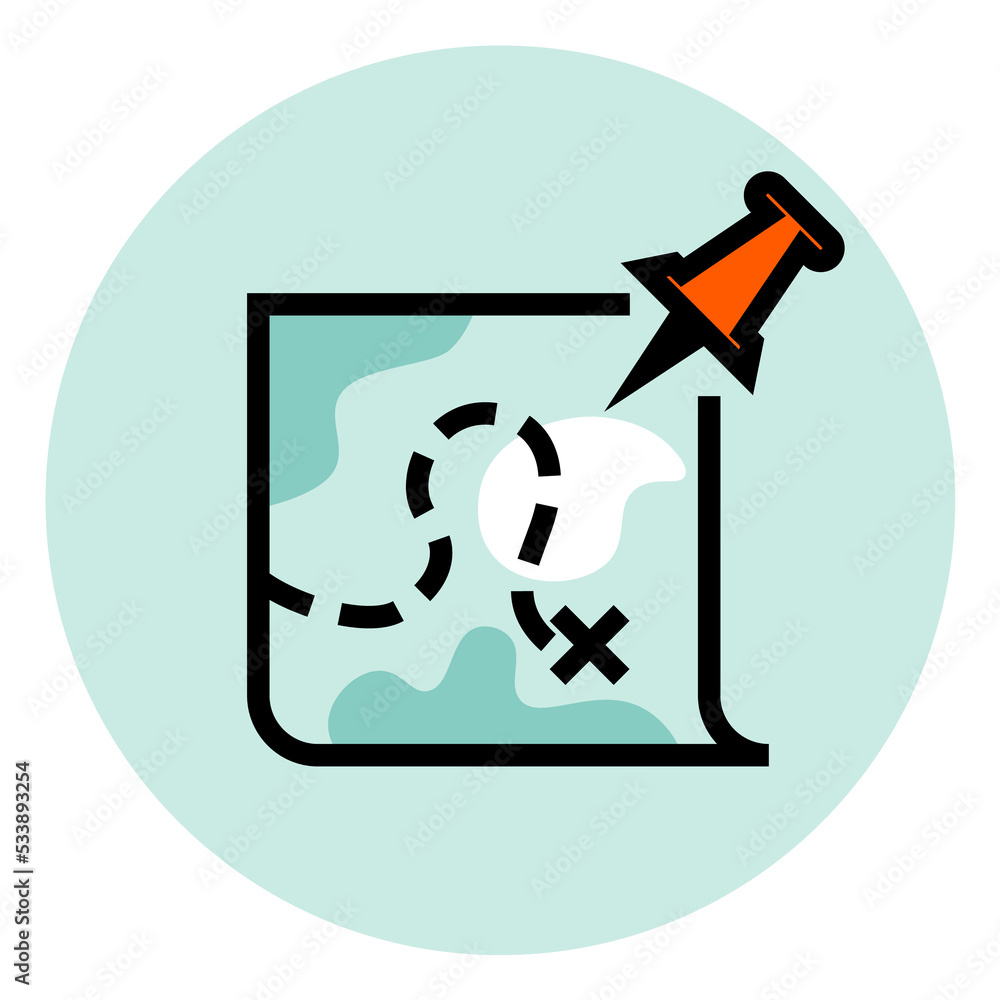 Poster target location icon. map with path line to destination point