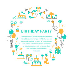 Birthday party color flat line circle frame with text space. Festive bright holiday party design. Balloon muffin birthday cake hat on white background Minimal greeting card concept vector illustration