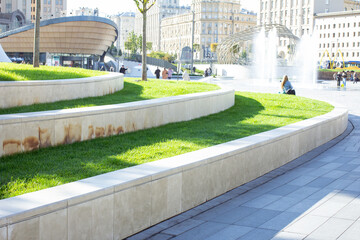 Terraced landscaping, urban landscaping, multi-tiered lawn landscaping, selective focus