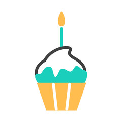 Birthday cupcake flat line sign with burning candle. Color vanilla muffin decorated whipped cream in yellow cup. Sweet festive dessert. Tasty homemade snack. Minimal treat design vector illustration.