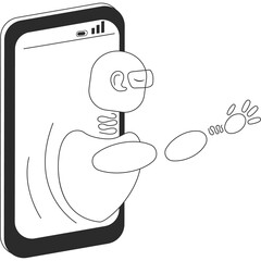 A robot in a smartphone controls a human thoughts. Dependence on social networks. Isolated illustration on transparent background
