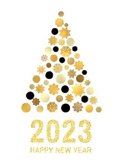 Happy new year 2023. Gold glitter greeting card design on white background. Abstract Christmas tree with golden black circles snowflakes on white background. Poster, banner vector holiday decoration.