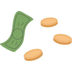 Flying money. Money concept. Bills and coins. Isolated illustration on transparent background