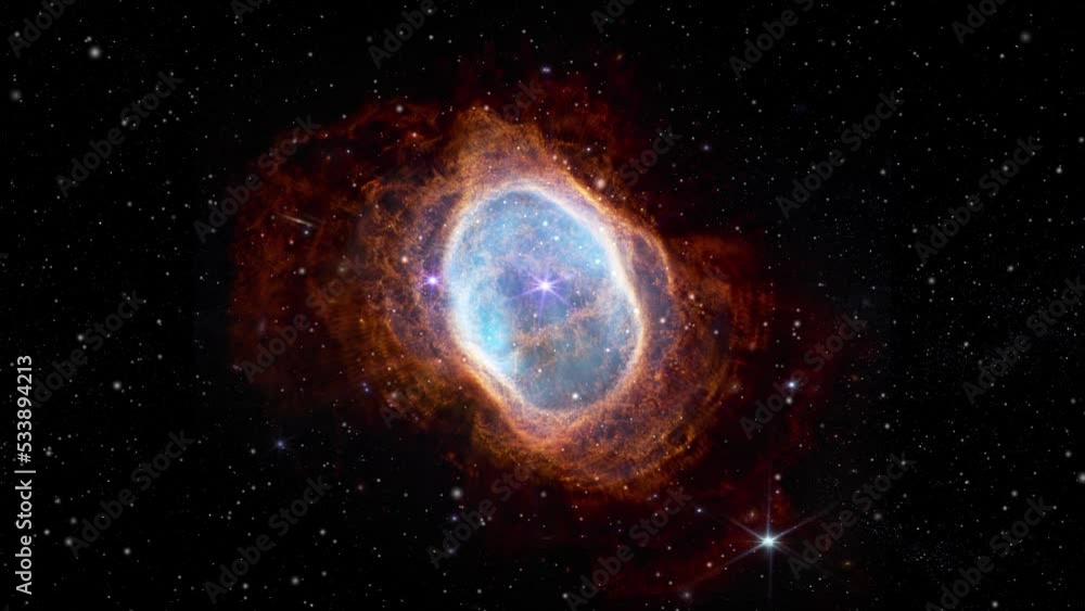 Wall mural southern ring nebula rotating against star field in outer space, astronomy scene 4k animation. conta