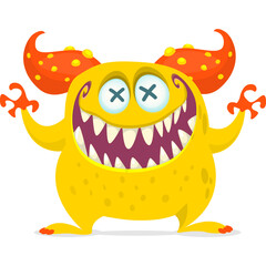Funny cartoon monster waving hands. Halloween design. Vector illustrationof alien character