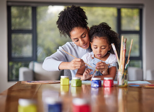Learning, mother and child painting for an art preschool project with a young mom helping her daughter at home. Kindergarten, love and creative painter with brush teaching and drawing with a girl