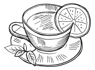 Hot cup of tea with slice of lemon and mint branch on saucer