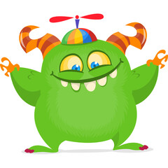Funny cartoon monster waving hands. Halloween design. Vector illustrationof alien character