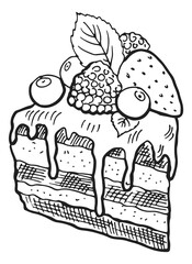 Cake slice with icing drip and berry on top in hand drawn style