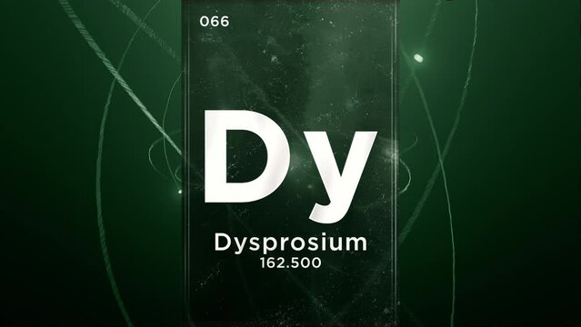 Dysprosium (Dy) symbol chemical element of the periodic table, 3D animation on atom design background