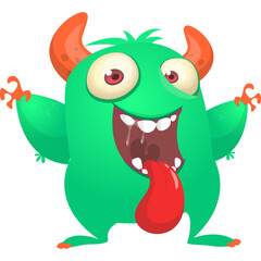 Funny cartoon monster waving hands. Halloween design. Vector illustrationof alien character
