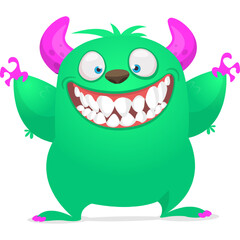 Funny cartoon monster waving hands. Halloween design. Vector illustrationof alien character