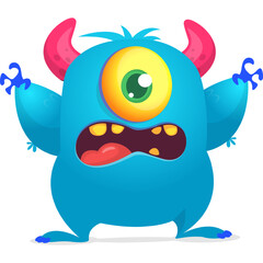 Funny cartoon monster waving hands. Halloween design. Vector illustrationof alien character