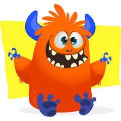 Funny cartoon monster waving hands. Halloween design. Vector illustrationof alien character