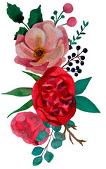 Watercolor plants and flowers. Illustration of red and pink bouquets of roses, eucalyptus, berries