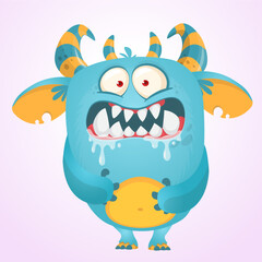 Funny cartoon monster waving hands. Halloween design. Vector illustrationof alien character