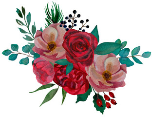 Watercolor plants and flowers. Illustration of red and pink bouquets of roses, eucalyptus, berries