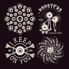 Set of halloween vintage labels with monsters, eyeballs, bones, pumpkin, candy, silhouette of skull, round halftone shapes, text. Monochrome creative illustration on a black background