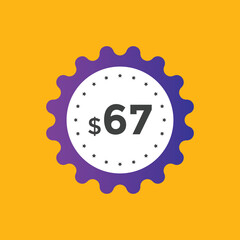 67 dollar price tag. Price $67 USD dollar only Sticker sale promotion Design. shop now button for Business or shopping promotion
