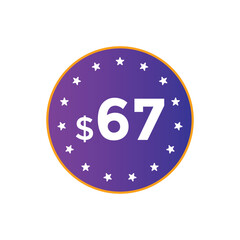67 dollar price tag. Price $67 USD dollar only Sticker sale promotion Design. shop now button for Business or shopping promotion
