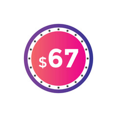 67 dollar price tag. Price $67 USD dollar only Sticker sale promotion Design. shop now button for Business or shopping promotion
