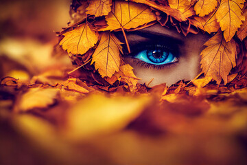 Ein neugieriges Auge schaut durch im Herbst gefallene Blätter - obrazy, fototapety, plakaty