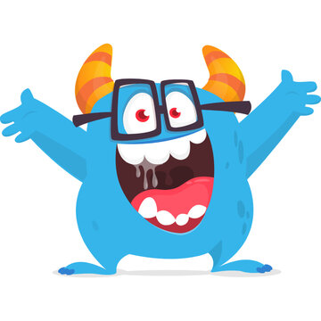 Funny cartoon monster waving hands. Halloween design. Vector illustrationof alien character