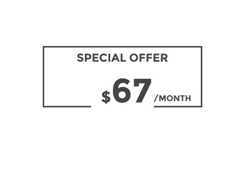 $67 USD Dollar Month sale promotion Banner. Special offer, 67 dollar month price tag, shop now button. Business or shopping promotion marketing concept
