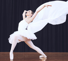 Ballet dance, stage performance and woman in theatre production, start of professional dancing competition and moving with costume. Ballerina dancer student with balance in concert at school