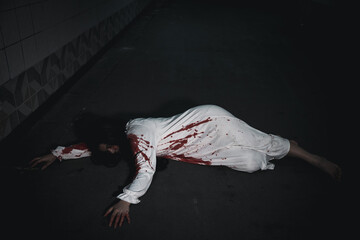 Horror bloodthirsty woman ghost horror she death and scary at dark night in tunnel, The girl was...