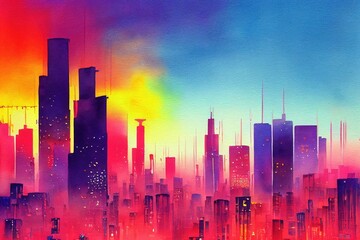Retrowave metropolis at sunset, cyber sun intense glow golden hour - tall skyscraper buildings and apartments. Orange and blue blended watercolor hues.
