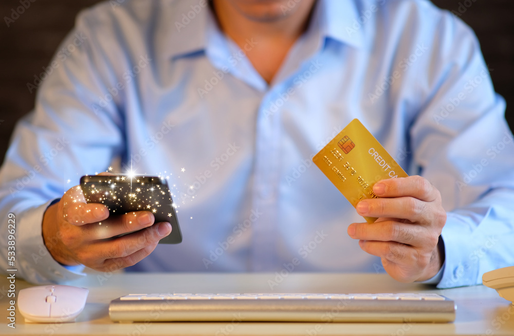 Poster using wallet app technology for mobile payments. man uses a smartphone application to pay and shop. 
