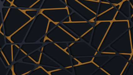 3d geometric paper cut background with dark black and gold colors. Realistic vector backdrop with cut out stripe entangled web grey and orange color. Origami technological wallpaper layered deep