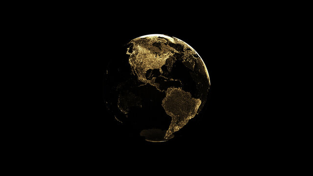 3D illustration of golden globe of the Earth planet from particulars on dark bac