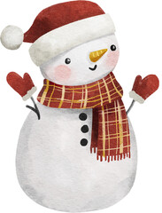 Watercolor Christmas cute illustration. Snowman in red Santa hat and gloves. Cute smiling character.