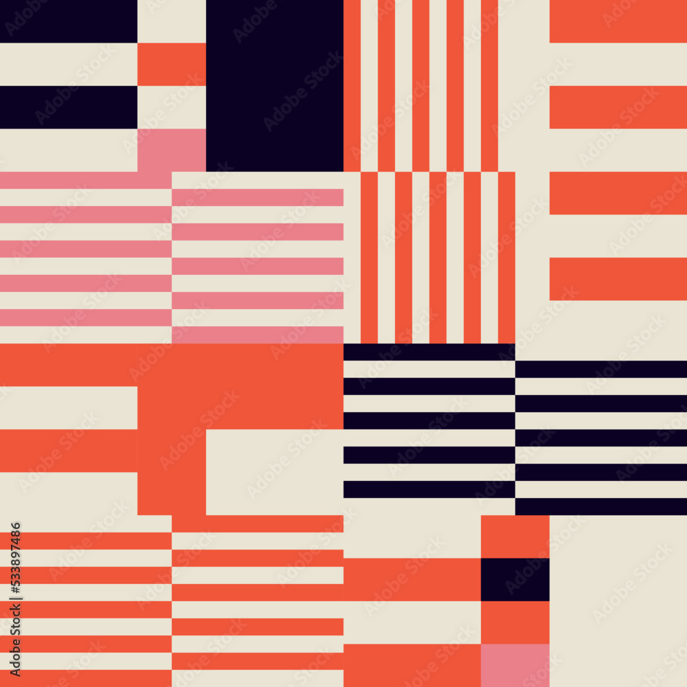 Poster Modern vector abstract  geometric seamless pattern, background with stripes, rectangles and squares  in retro scandinavian style. Pastel colored simple shapes graphic pattern. Abstract mosaic artwork.