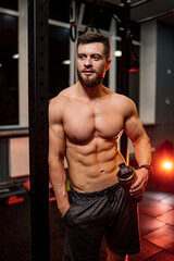 Fototapeta na wymiar Young athletic shirtless bodybuilder. Biceps workout session.