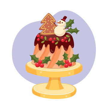 Cute Christmas cake decorated with berries, a gingerbread tree, and a snowman on top. Christmas candies collection. Vector illustration.