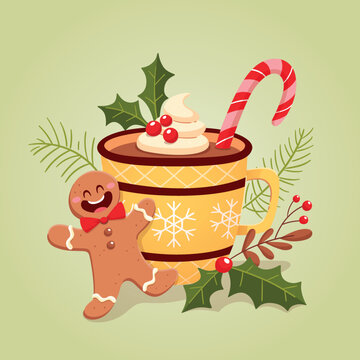 Smiling gingerbread man in front of a large cup of coffee with cream and a Christmas candy cane, decorated with holly leaves and berries. Christmas candies collection. Vector illustration.