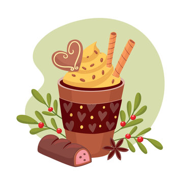Sweet and warm drink with cookies, waffle tubes, star anise, and a chocolate bar. Christmas candies collection. Isolated vector illustration.