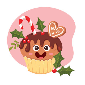Funny Christmas cupcake with chocolate topping. Candy cane, cookie, and holly leaves decoration. Christmas candies collection. Vector illustration.