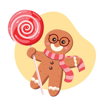 Funny gingerbread man with glasses and a scarf holding a lollipop. Christmas candies collection. Cartoon vector illustration.