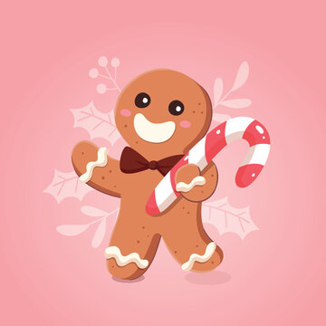 Funny gingerbread man holding a Christmas candy cane. Christmas candies collection. Cartoon vector illustration.