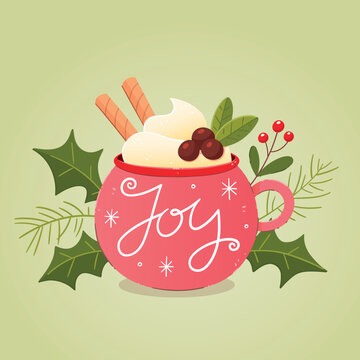 Warm coffee decorated with waffle tubes and holly leaves Christmas candies collection. Vector illustration.