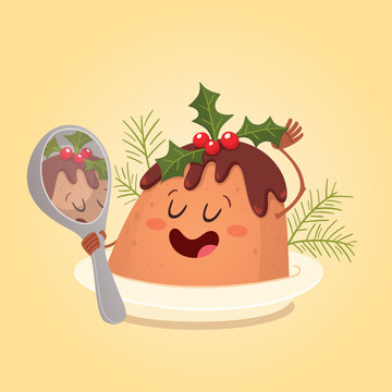 Funny and smug christmas cake looking himself in a spoon reflection. Christmas candies collection. Cartoon vector illustration.