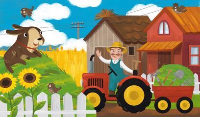 cartoon tractor farm family on the ranch illustration