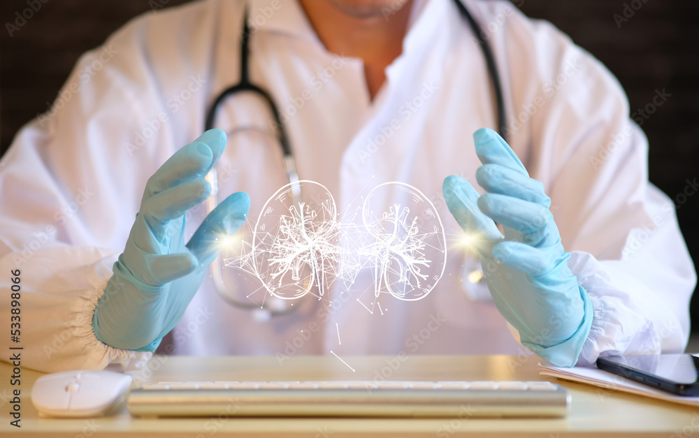 Poster doctor examines the data and checks the test results on the virtual interface while holding a hologr