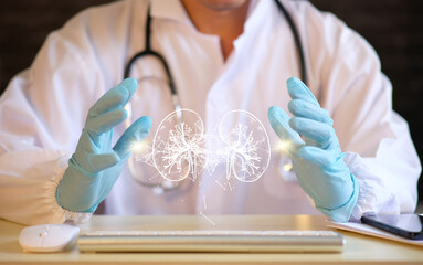 Doctor examines the data and checks the test results on the virtual interface while holding a...