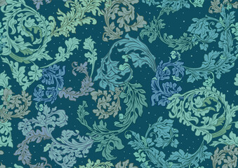 Decorative flowers and leaves in art nouveau style, vintage, old, baroque style. Seamless pattern, background. Vector illustration.
