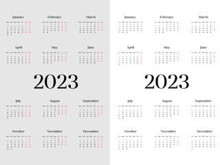 English language planer calendar 2023, Week starts with monday and sunday - obrazy, fototapety, plakaty
